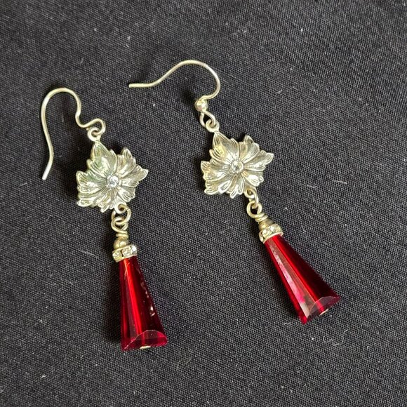 Red Faceted Cone Drop Earrings Silver Tone Floral Dangle Rhinestone Accent - Picture 2 of 6